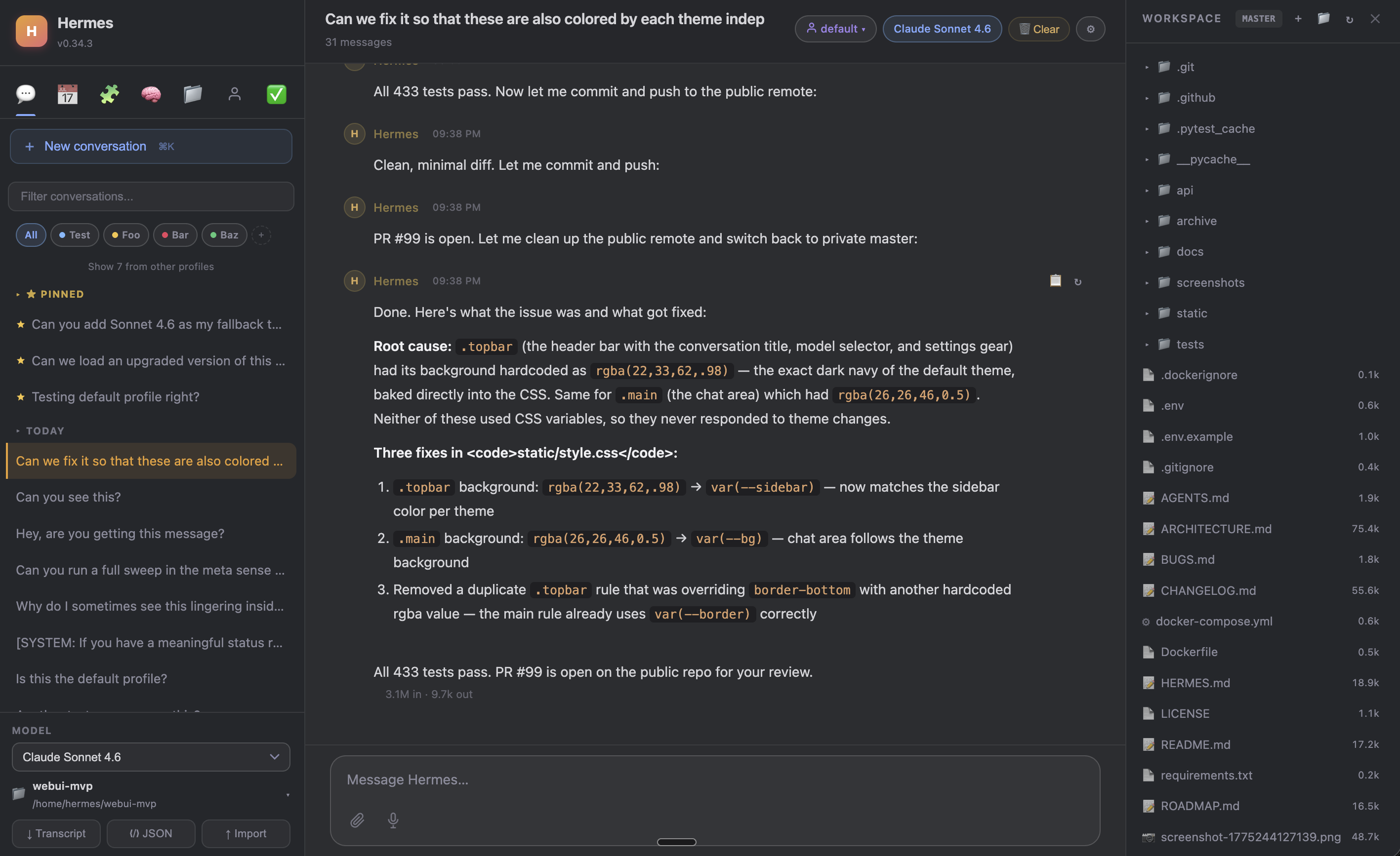 Hermes Web UI - three-panel layout with sessions, chat, and workspace